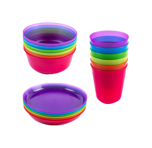 Kids Plastic Dinnerware Set of 18 Multi Color Pieces (Plates, Bowls, and Cups)